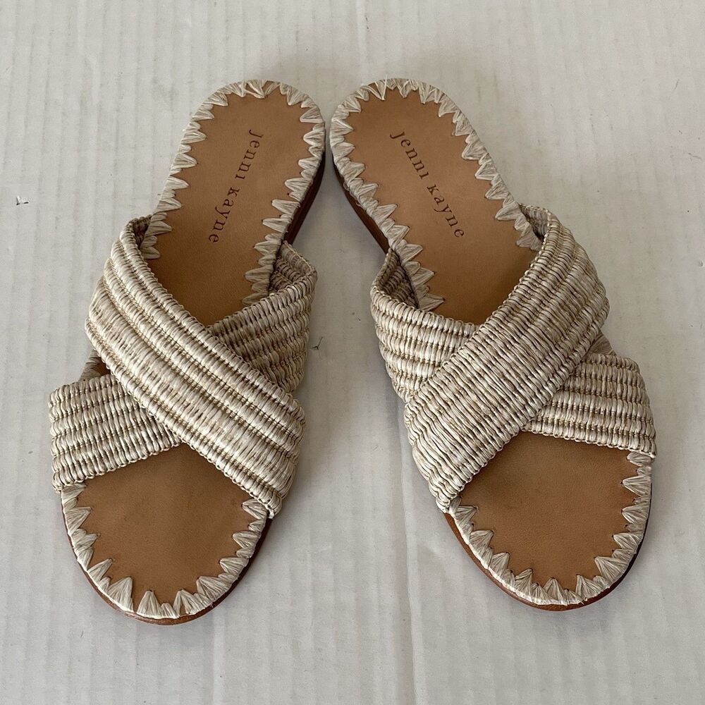 JENNI KAYNE Raffia Crossover Sandals Slip On Slides Sz 36 US 6 Preppy Boho Beach